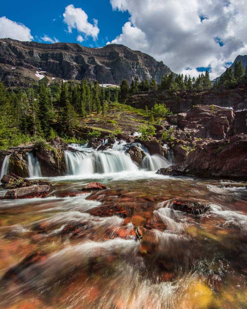 redrock falls many glacier