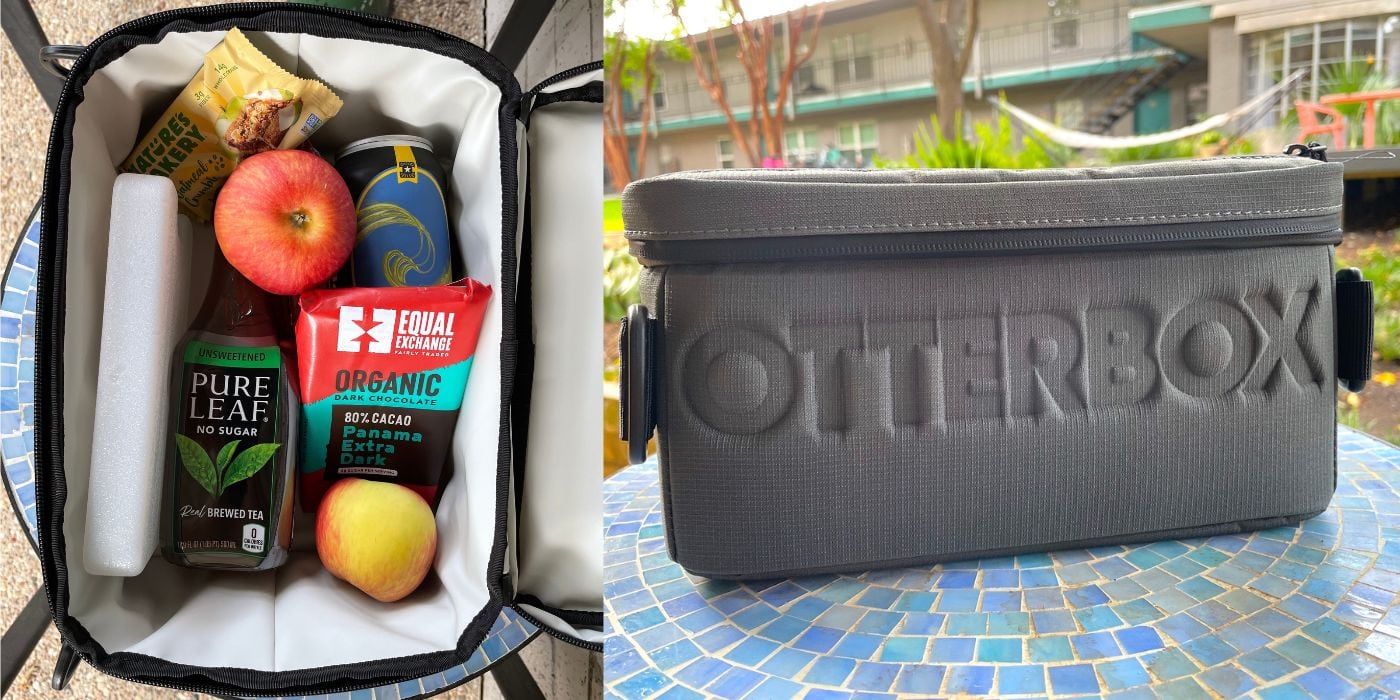 An OtterBox lunch cooler filled with snacks