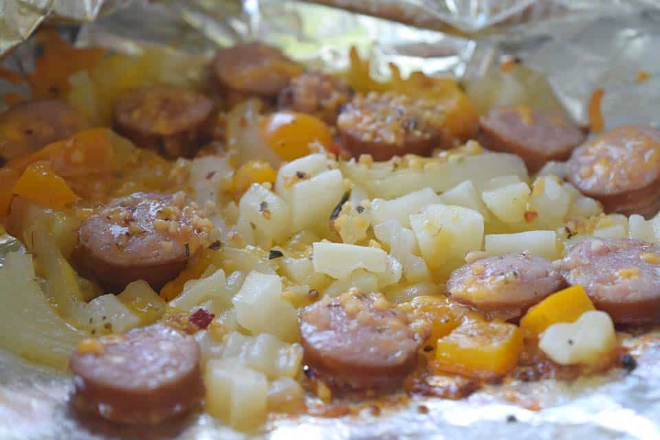 cheesy sausage potato camp food