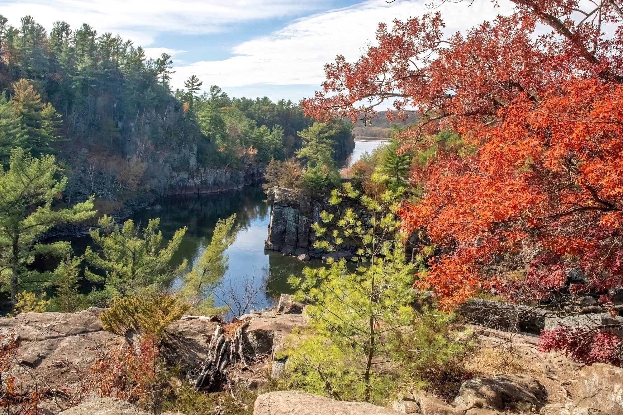 Beautiful fall view of the St. Croix River and Angle Rock at Interstate State Park 
