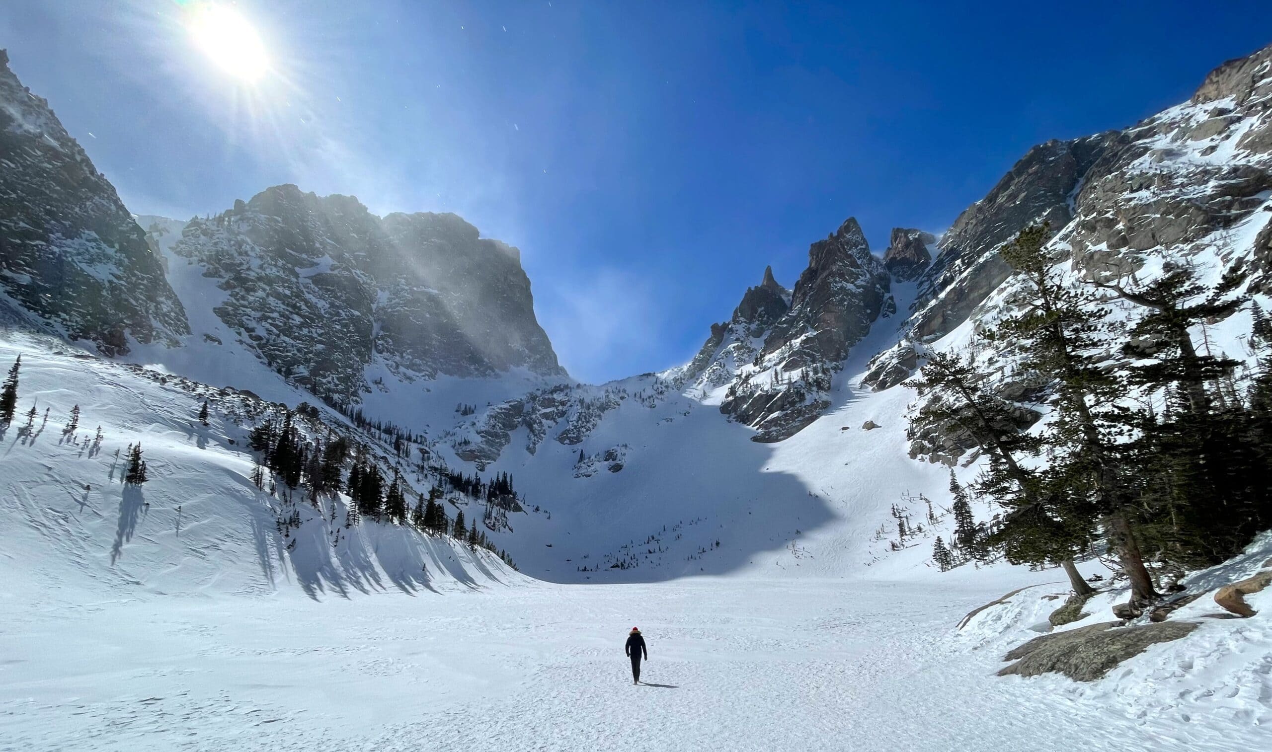 Hiking in Rocky Mountain National Park during winter