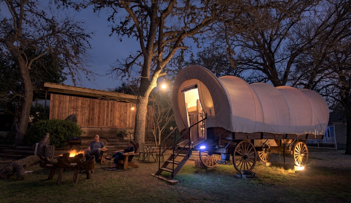 wagon glamping texas hill country