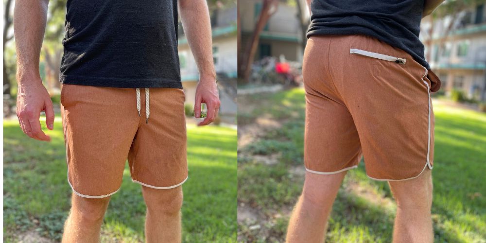 Tan Vuori shorts being worn by a guy