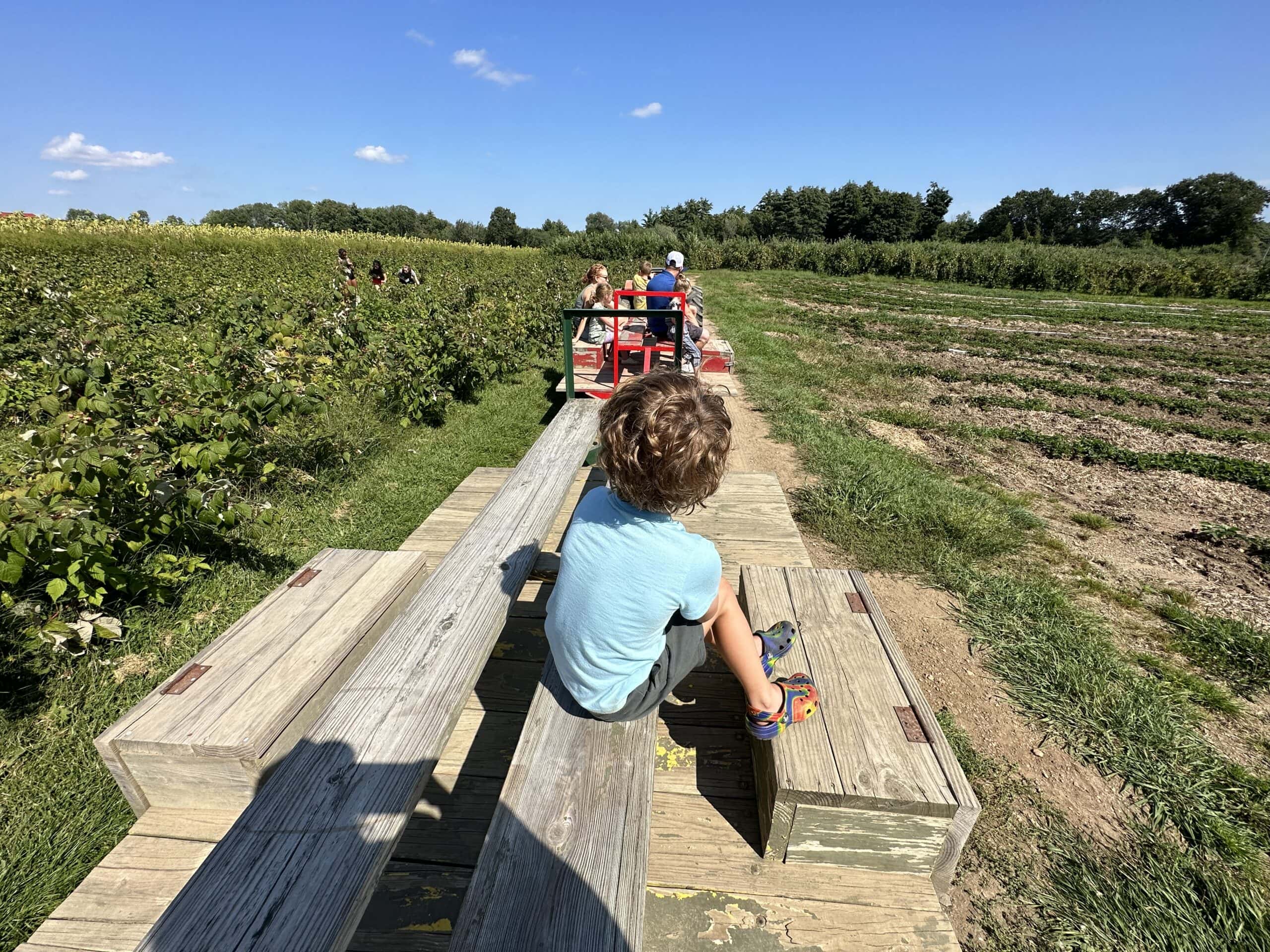 A family enjoys a wagon ride through the apple orcahrd