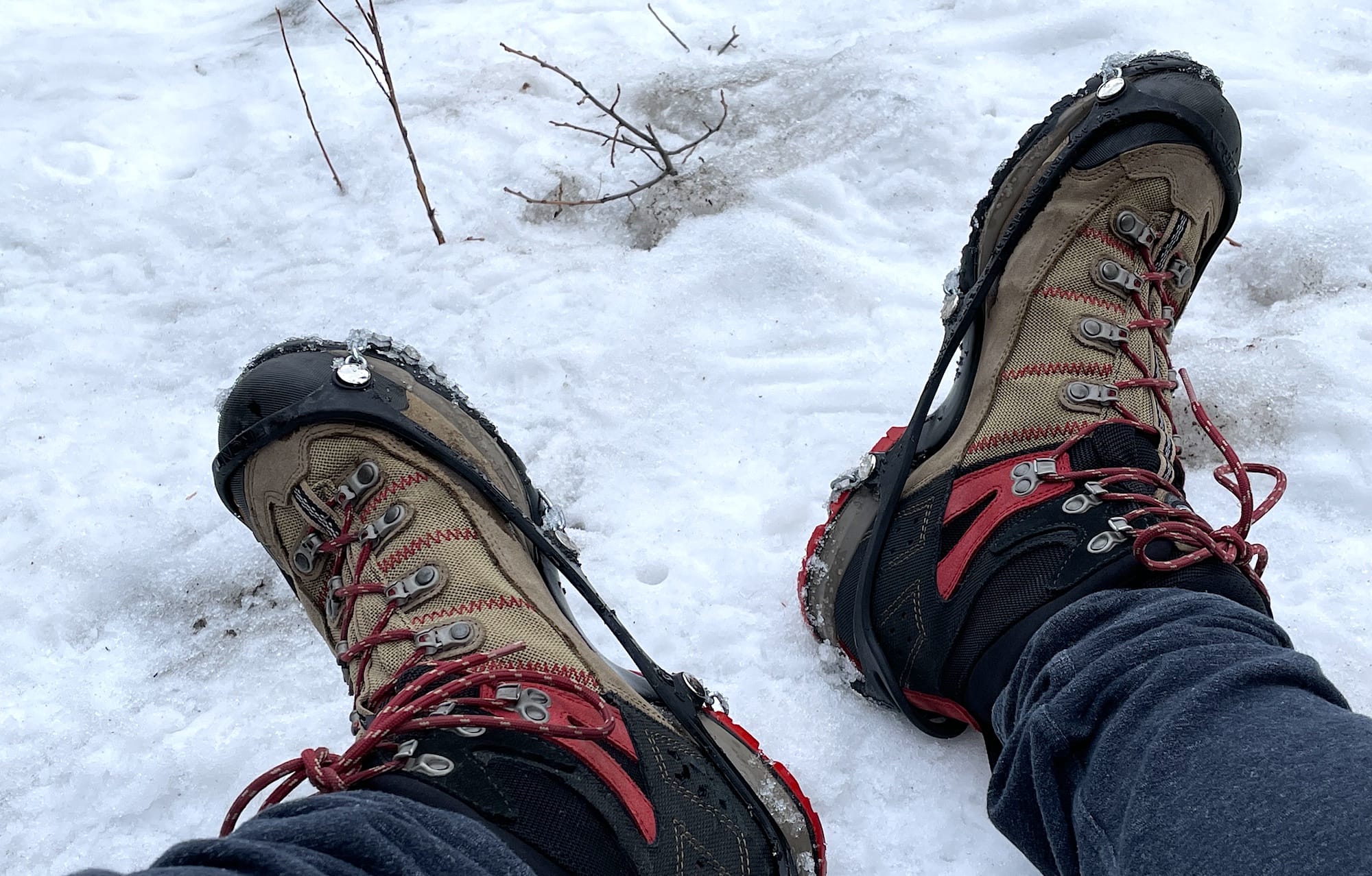 A pair of water-resistant hiking boots paired with strap-on spikes are perfect for winter hiking